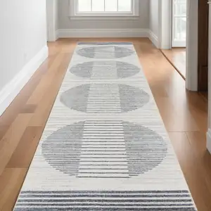 Photo of Blue and Ivory Geometric Power Loom Washable Runner Rug