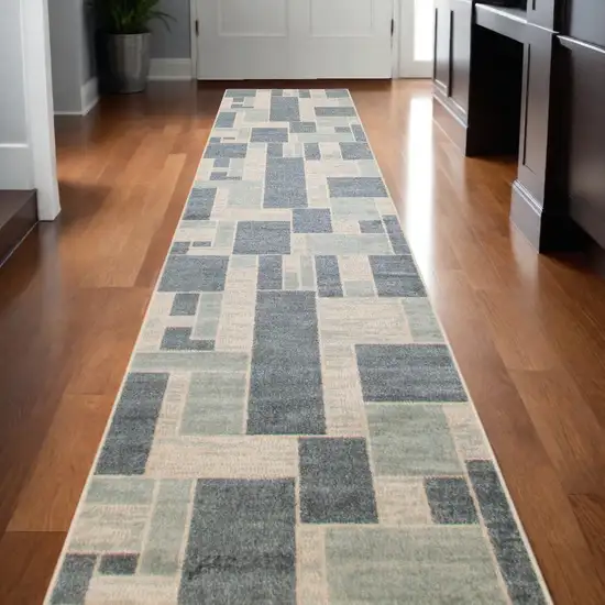 Blue and Ivory Geometric Power Loom Washable Runner Rug Photo 2