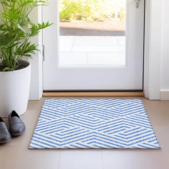 Blue and Ivory Geometric Washable Non Skid Indoor Outdoor Area Rug Photo 9