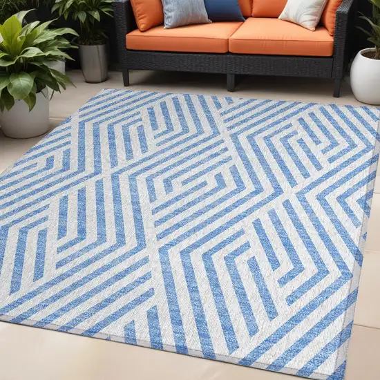 Blue and Ivory Geometric Washable Non Skid Indoor Outdoor Area Rug Photo 1