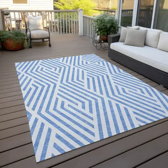 Blue and Ivory Geometric Washable Non Skid Indoor Outdoor Area Rug Photo 9