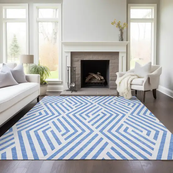 Blue and Ivory Geometric Washable Non Skid Indoor Outdoor Area Rug Photo 8