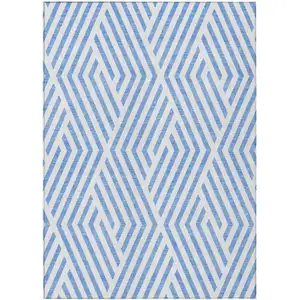 Photo of Blue and Ivory Geometric Washable Non Skid Indoor Outdoor Area Rug