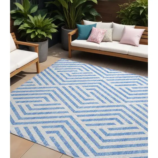 Blue and Ivory Geometric Washable Non Skid Indoor Outdoor Area Rug Photo 1