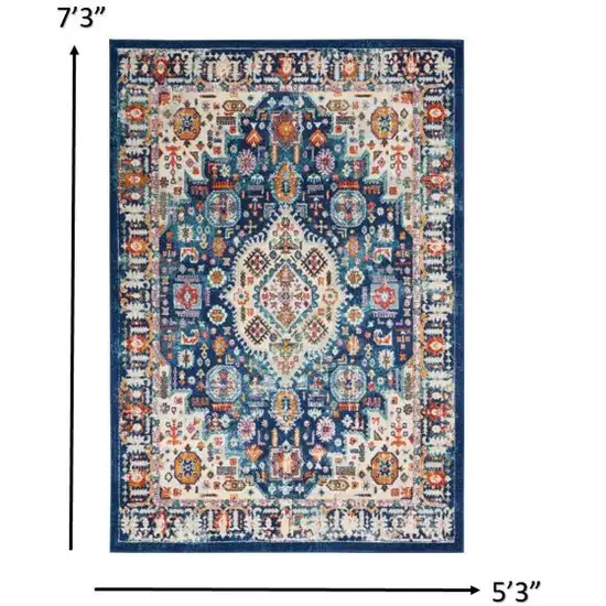 Blue and Ivory Medallion Area Rug Photo 5