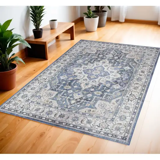 Blue and Ivory Medallion Distressed Non Skid Area Rug Photo 1