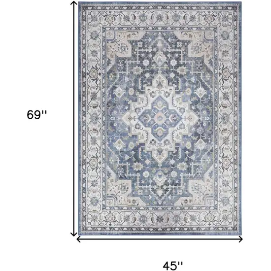 Blue and Ivory Medallion Distressed Non Skid Area Rug Photo 3