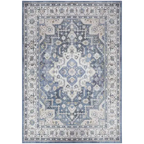 Blue and Ivory Medallion Distressed Non Skid Area Rug Photo 2