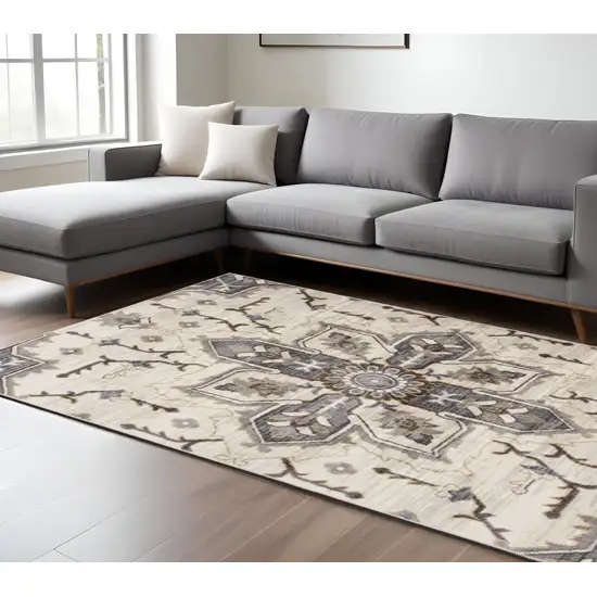 Ivory Gray and Black Floral Medallion Power Loom Area Rug Photo 1