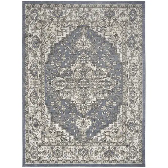 Blue and Ivory Medallion Power Loom Distressed Area Rug Photo 2