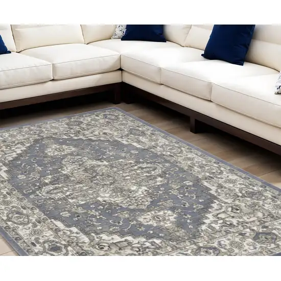 Blue and Ivory Medallion Power Loom Distressed Area Rug Photo 1