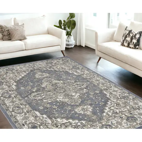 Blue and Ivory Medallion Power Loom Distressed Area Rug Photo 4