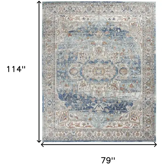 Blue and Ivory Medallion Power Loom Distressed Area Rug Photo 3