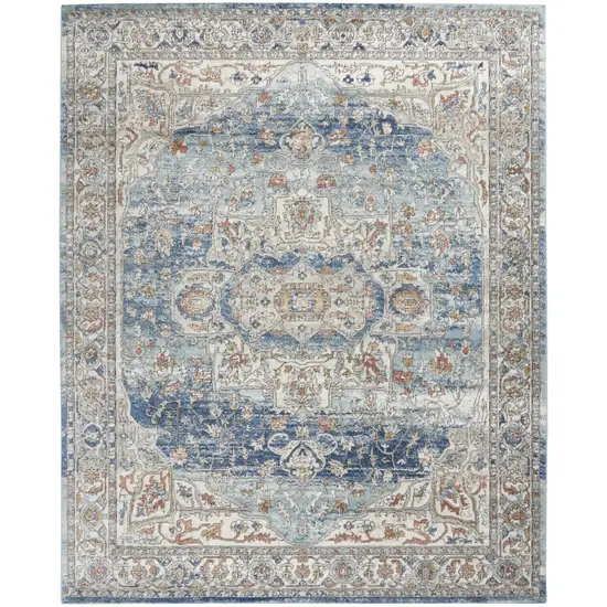 Blue and Ivory Medallion Power Loom Distressed Area Rug Photo 2