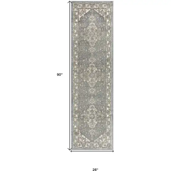 Blue and Ivory Medallion Power Loom Distressed Runner Rug Photo 3