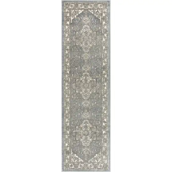 Blue and Ivory Medallion Power Loom Distressed Runner Rug Photo 2