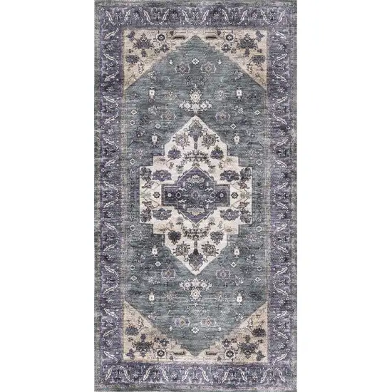 Blue and Ivory Medallion Power Loom Distressed Washable Non Skid Area Rug Photo 2