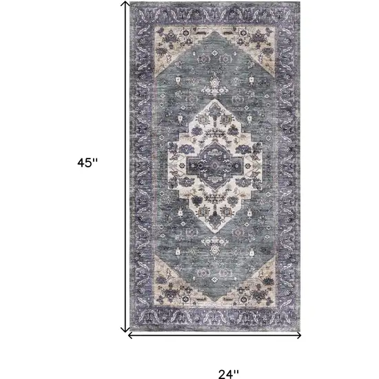 Blue and Ivory Medallion Power Loom Distressed Washable Non Skid Area Rug Photo 3