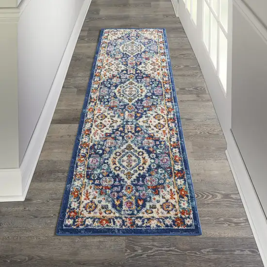 8' Blue And Ivory Medallion Runner Rug Photo 8