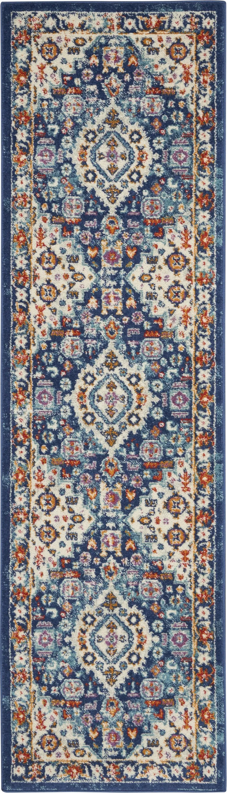 Blue and Ivory Medallion Runner Rug Photo 1