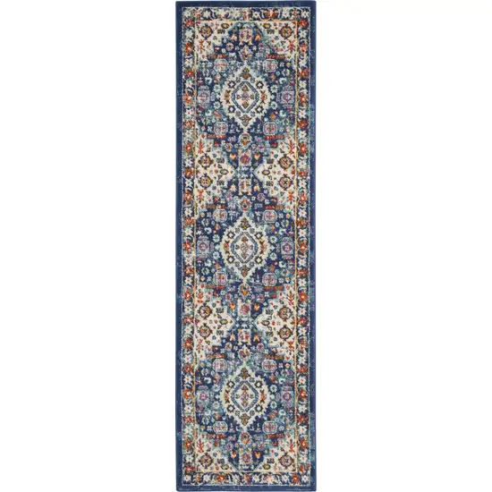 Blue and Ivory Medallion Runner Rug Photo 1