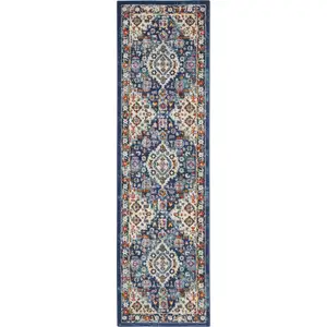 Photo of Blue and Ivory Medallion Runner Rug