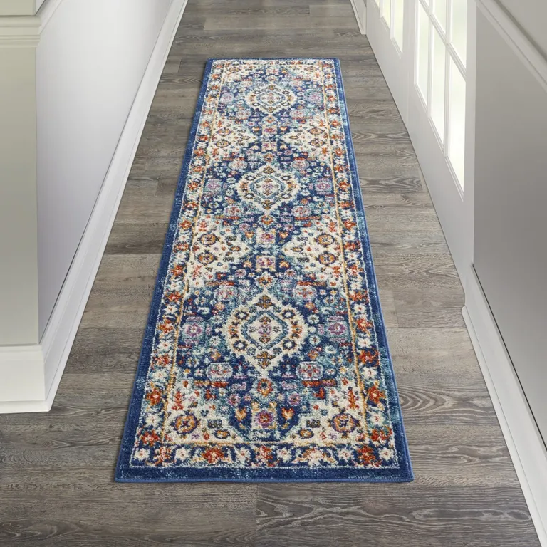 Blue and Ivory Medallion Runner Rug Photo 5