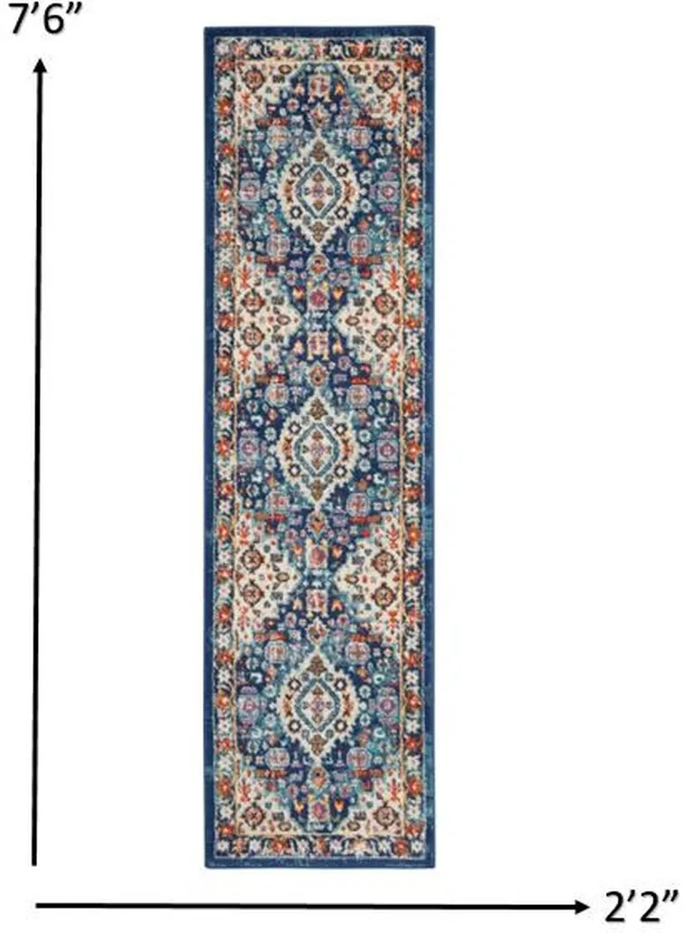 Blue and Ivory Medallion Runner Rug Photo 4