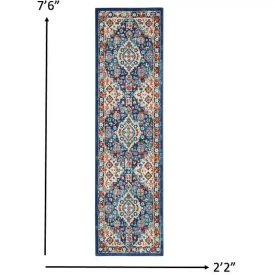 Blue and Ivory Medallion Runner Rug Photo 4