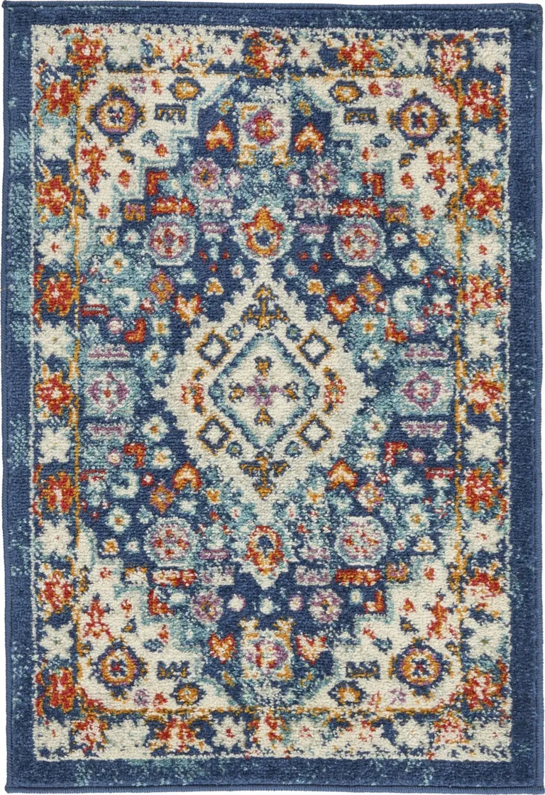 Blue and Ivory Medallion Scatter Rug Photo 1