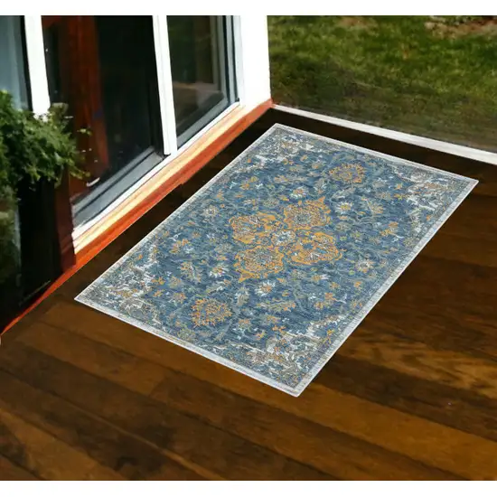 Blue and Ivory Medallion Stain Resistant Indoor Outdoor Area Rug Photo 1