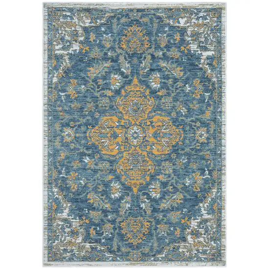 Blue and Ivory Medallion Stain Resistant Indoor Outdoor Area Rug Photo 8