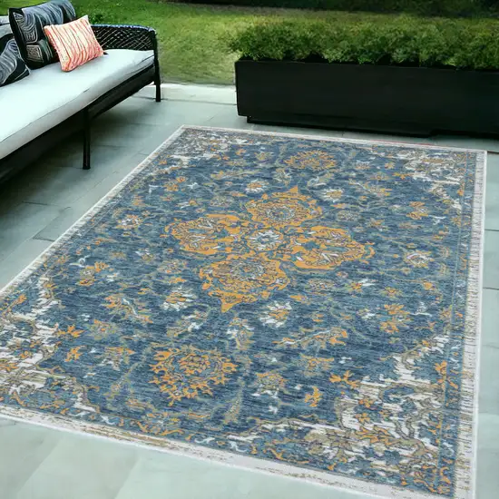 Blue and Ivory Medallion Stain Resistant Indoor Outdoor Area Rug Photo 1