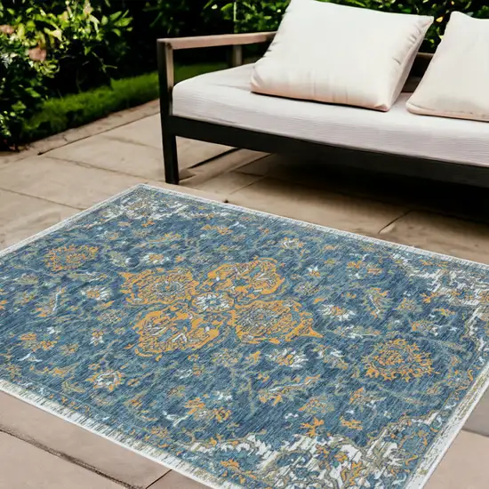 Blue and Ivory Medallion Stain Resistant Indoor Outdoor Area Rug Photo 1