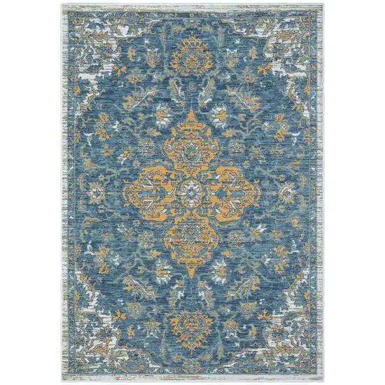 Blue and Ivory Medallion Stain Resistant Indoor Outdoor Area Rug Photo 2