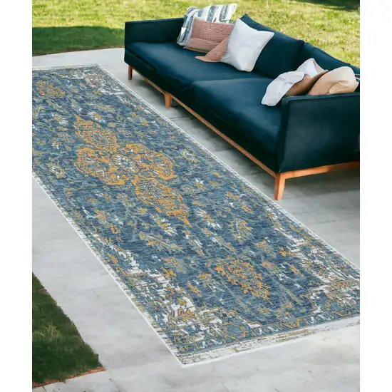 Blue and Ivory Medallion Stain Resistant Indoor Outdoor Runner Rug Photo 1