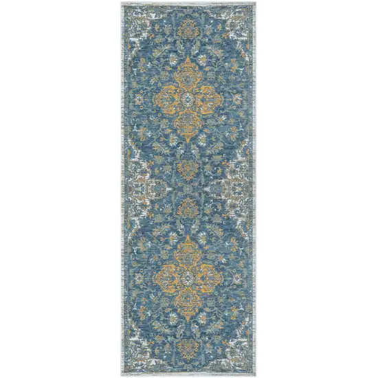 Blue and Ivory Medallion Stain Resistant Indoor Outdoor Runner Rug Photo 2