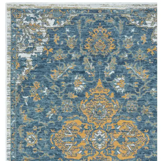 Blue and Ivory Medallion Stain Resistant Indoor Outdoor Runner Rug Photo 7