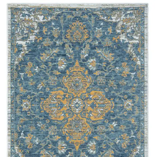 Blue and Ivory Medallion Stain Resistant Indoor Outdoor Runner Rug Photo 8