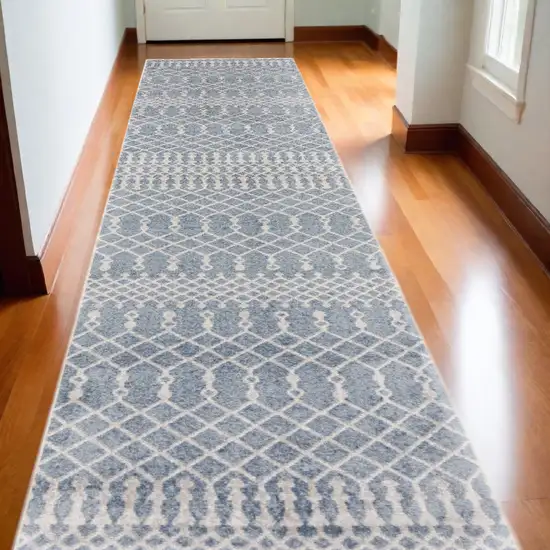 Blue and Ivory Moroccan Power Loom Washable Runner Rug Photo 1