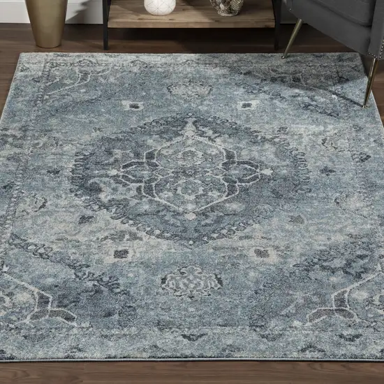 Blue and Ivory Oriental Distressed Area Rug Photo 3