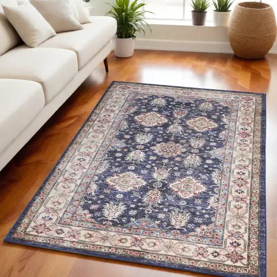 Blue and Ivory Oriental Distressed Non Skid Area Rug Photo 1