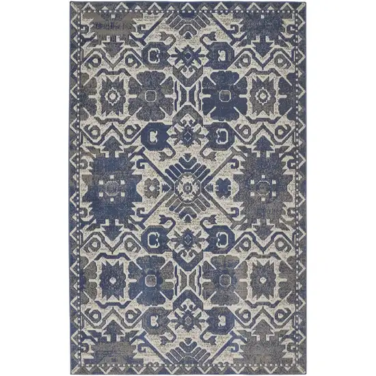 Blue and Ivory Oriental Power Loom Area Rug Photo 4