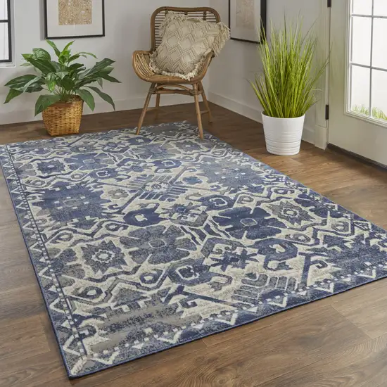 Blue and Ivory Oriental Power Loom Area Rug Photo 9