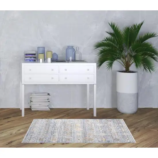 Blue and Ivory Oriental Power Loom Distressed Area Rug With Fringe Photo 3