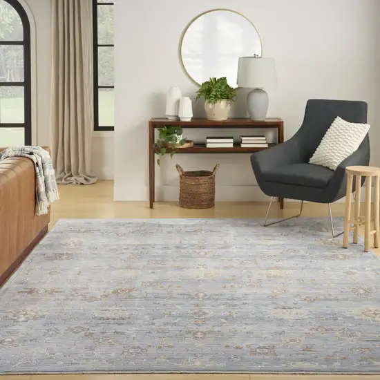 Blue and Ivory Oriental Power Loom Distressed Area Rug With Fringe Photo 8