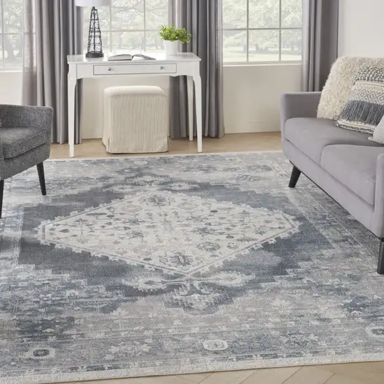 Blue and Ivory Oriental Power Loom Distressed Area Rug Photo 5