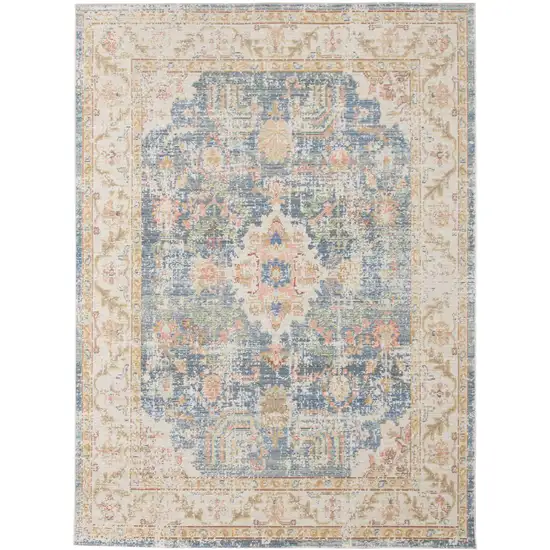 Blue and Ivory Oriental Power Loom Distressed Area Rug Photo 1