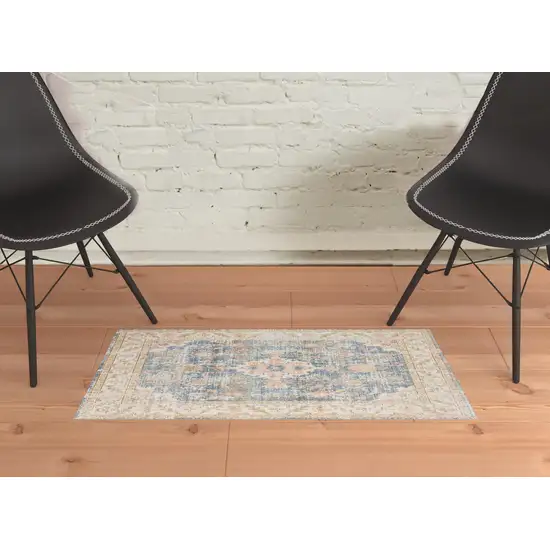 Blue and Ivory Oriental Power Loom Distressed Area Rug Photo 4