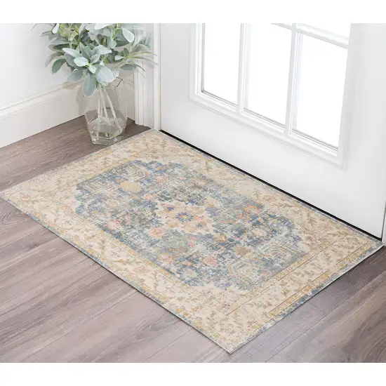 Coral and Blue Oriental Power Loom Worn Faded Area Rug Photo 1